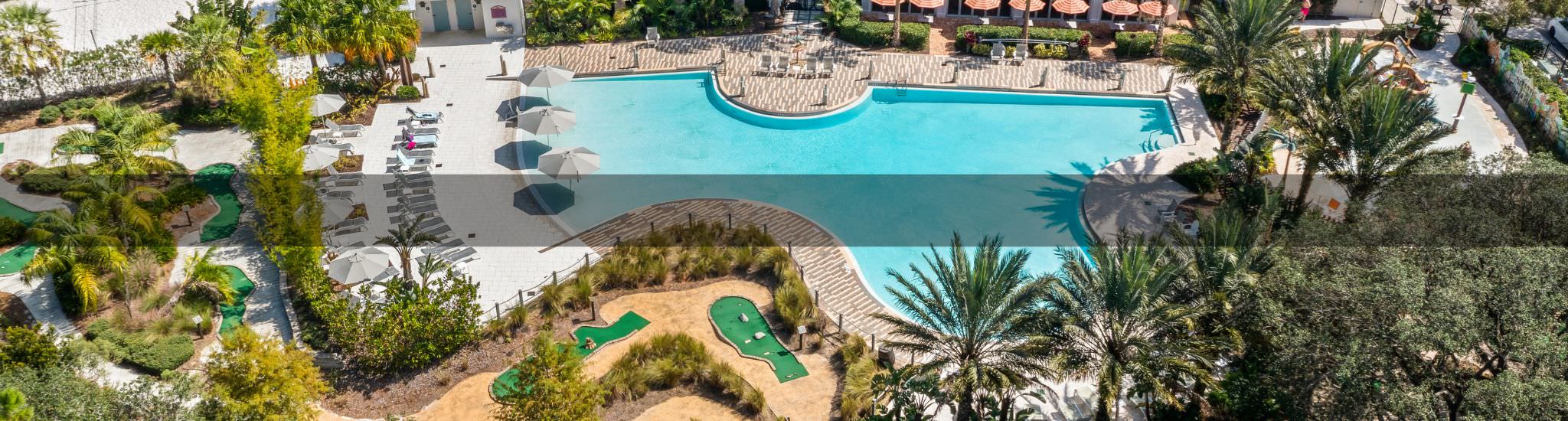 festival resort pool aerial shot