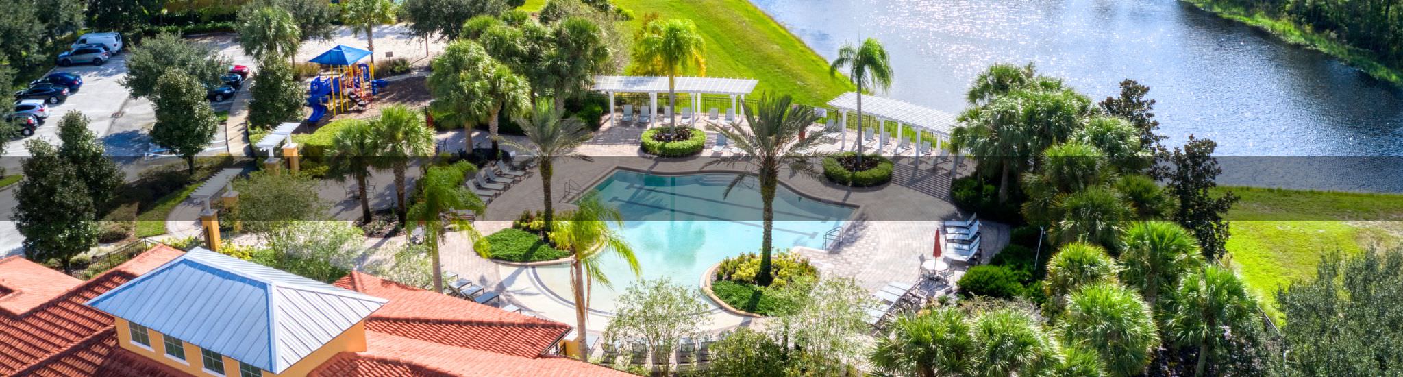 watersong resort pool and lake banner