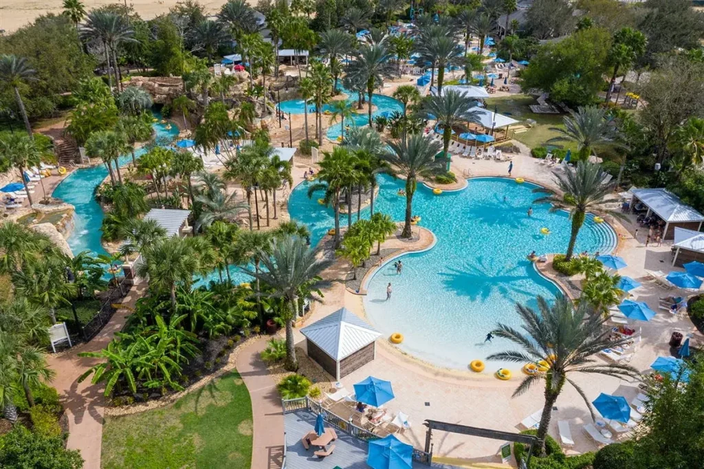 Aerial view of reunion resort water park pool and lazy river